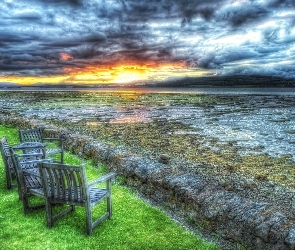 Krzesła, Morze, Wschód, Słońca