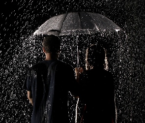 Noc, Parasol, Ludzie, Deszcz