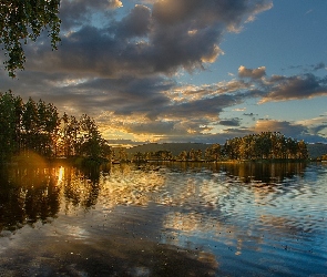 Jezioro, Słońca, Zachód, Lasy