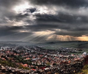 Światło, Przebijające, Miasto, Chmury