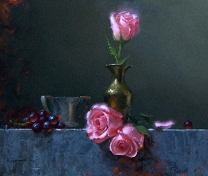 Obraz, Wazonik, Róże, Winogrona