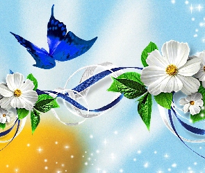 Grafika, Motyl, Niebieski, Kwiatki