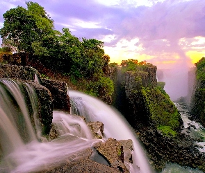 Wodospad, Zambia, Drzewa, Victoria, Skały