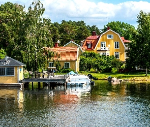 Drzewa, Posesja, Jezioro, Dom