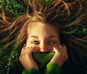 Twarz, Zakryte, Kobieta, Zielone, Rozwiane, Oczy, Włosy, Usta