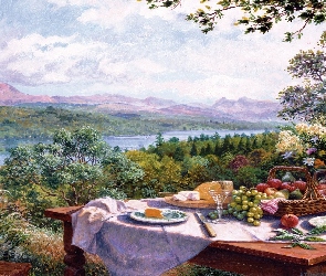 Stół, Obraz, Krajobraz, Śniadanie