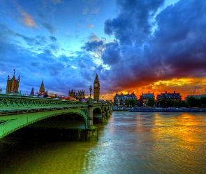 Most, Rzeka, Anglia, Zachód Słońca, Londyn, Chmury