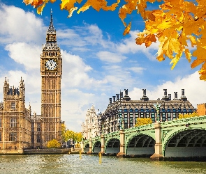 Anglia, Londyn, Jesień, Most Westminsterski, Big Ben, Rzeka Tamiza