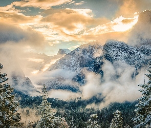 Zima, Mgła, Słońca, Zachód, Góry, Las