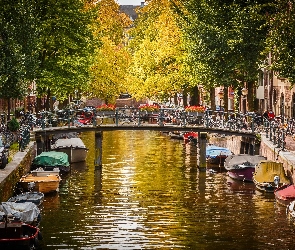 Jesień, Most, Amsterdam, Holandia, Kanał, Łodzie