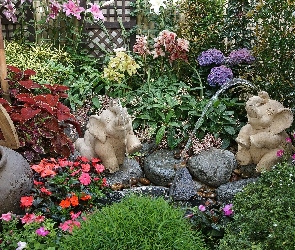 Lilie, Storczyki, Fontanna, Niecierpek, Hortensje, Ogród, Słonie
