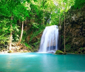 Jeziorko, Chorwacja, Plitvice, Drzewa, Wodospad