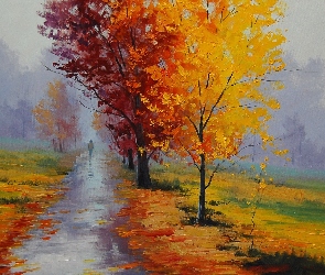 Jesień, Mgła, Liście, Droga, Drzewa