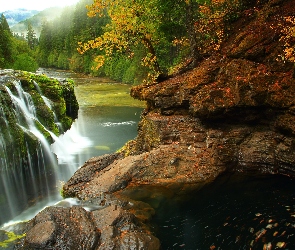 Rzeka, Jesień, Wodospad, Skały