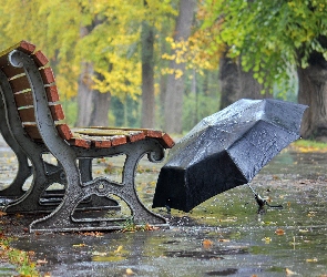 Park, Deszcz, Parasol, Jesień, Ławka