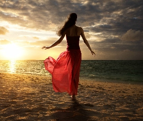Kobieta, Słońca, Morze, Zachód, Plaża