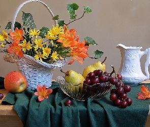 Kwiaty, Kompozycja, Winogrona, Owoce, Jabłko, Gruszki, Alstremeria