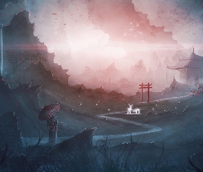 Parasol, Kobieta, Grafika, Japonia, Góry, Budynek