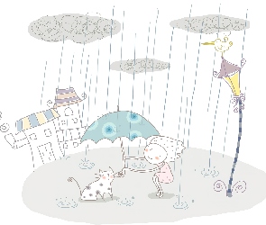 Dziewczynka, Parasol Dla dzieci, Kot, Deszcz