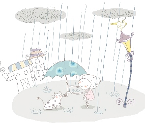 Parasol Dla dzieci, Kot, Dziewczynka, Deszcz