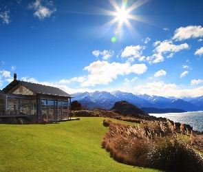 Jezioro, Nowa Zelandia, Wanaka, Góry, Dom