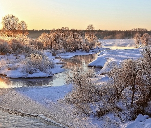 Rzeka, Drzewa, Śnieg