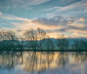 Jezioro, Słońca, Wzgórza, Zachód, Drzewa