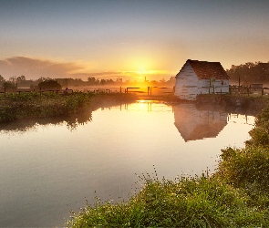 Rzeka, Łąki, Słońca, Mgła, Wschód, Dom