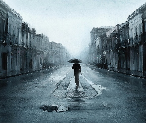 Ulica, Parasol, Deszcz, Mężczyzna, Obraz