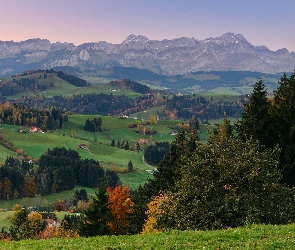 Panorama, Jesień, Lasy, Góry, Łąki, Domy