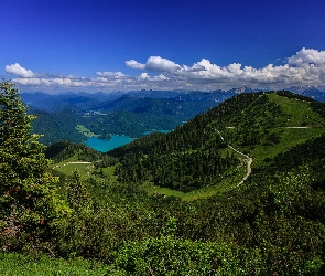 Alpy Bawarskie, Panorama, Jezioro, Las, Niemcy
