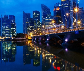 Nocą, Miasto, Most, Rzeka, Wieżowce, Kuala Lumpur