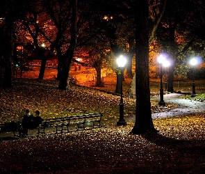 Noc, Latarnie, Park, Jesień, Drzewa, Ławka