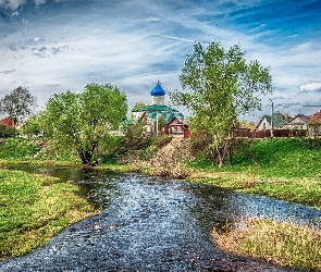 Cerkiew, Domy, Drzewa, Rzeka, Psków