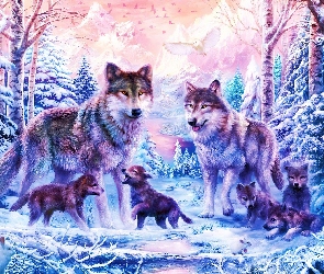 Śnieg, Drzewa, Wilki