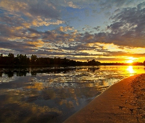 Plaża, Rzeka, Zachód, Słońca