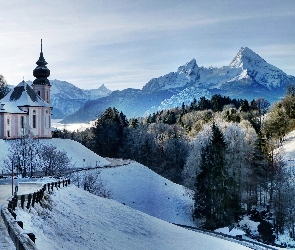 Zima, Góry, Niemcy, Kościół, Bawaria, Droga