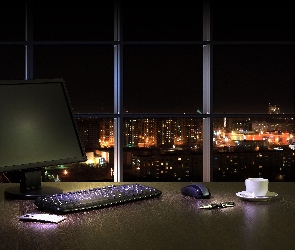 Biurko, Noc, Miasto, Laptop, Wnętrze