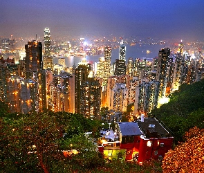Drapacze, Miasto, Oświetlone, Chmur, Hong Kong