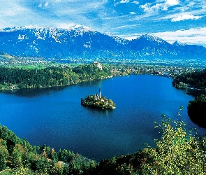 Jezioro, Słowenia, Wysepka, Góry, Bled