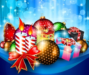 Kompozycja, Świąteczna, Grafika 2D, Bombki, Boże Narodzenie, Świece