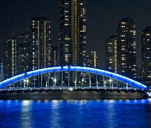 Rzeka, Tokyo, Most, Podświetlany, Wieżowce