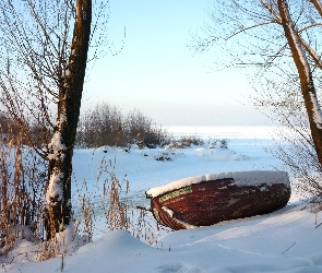 Zima, Jezioro, Łódz, Drzewa