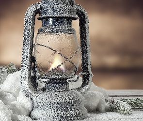 Choinki, Gałązki, Lampka, Dekoracja, Śnieg, Lampion, Ogień