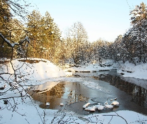 Rzeka, Drzewa, Śnieg