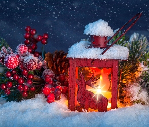 Kompozycja, Boże Narodzenie, Śnieg, Lampion, Gałązki, Ozdoby