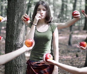 Kobieta, Jabłka, Ręce, Drzewa