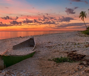 Zachód, Słońca, Łódki, Plaża, Wrak, Morze