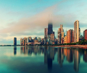Miasta, Panorama, Jezioro, Budynki, Chmury, Chicago