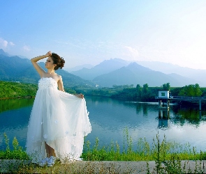 Biała, Góry, Jezioro, Sukienka, Kobieta